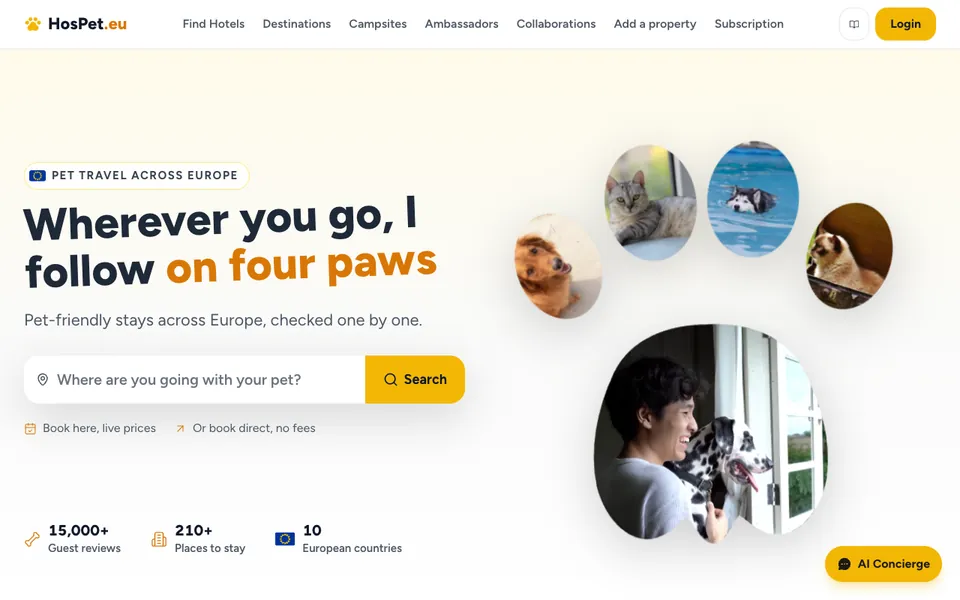 The HosPet.eu home page: Wherever you go, I follow on four paws
